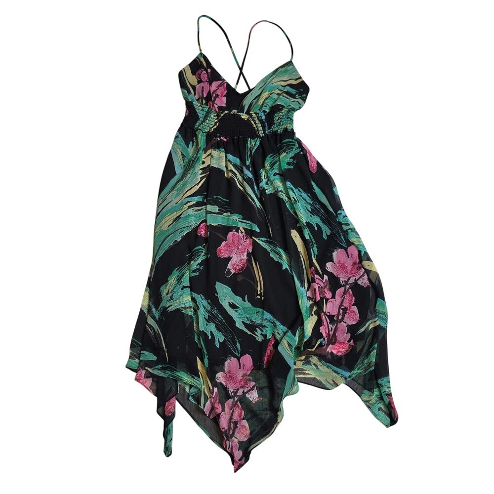 Joseph Ribkoff Black Tropical Floral Asymmetrical Hem Midi Dress Size 8